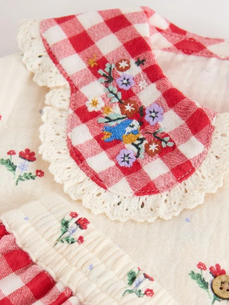 Rot/Cream - Gewebter Schlafanzug mit durchgehender Knopfleiste (9Monate-10Jahre)