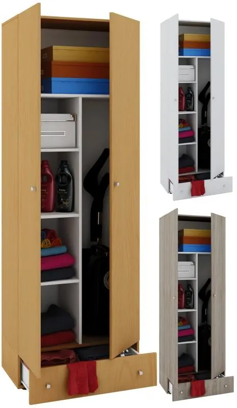 VCM Holz-Besenschrank | 6 Fächer | Maße: . B. 70 x H. 196 x T. 40 cm | Haushaltsschrank | Mehrzweckschrank | Extra Schublade - Vandol Buche