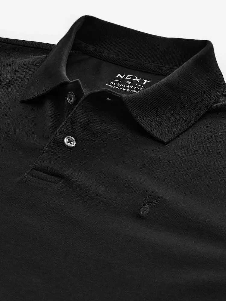 Schwarz - Reguläre Passform - Langärmeliges Pikee-Poloshirt