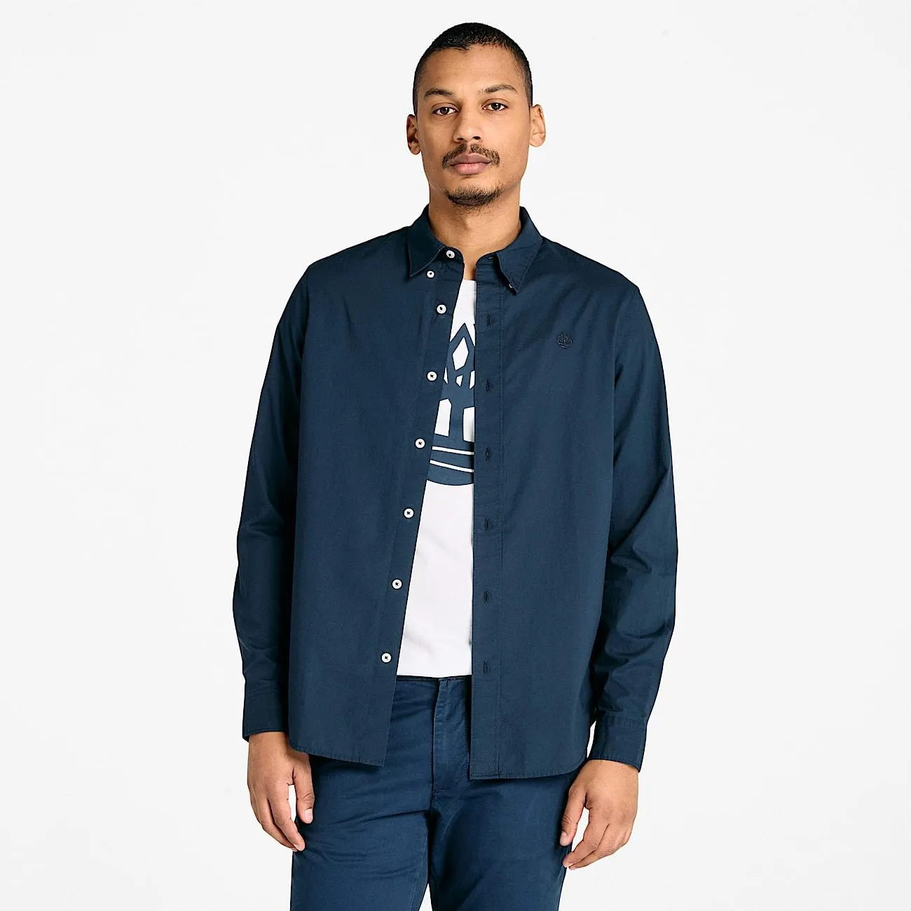 Langärmeliges Hemd aus Stretch-Popeline für Herren in Dunkelblau