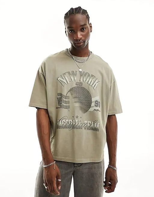 ASOS DESIGN oversized t-shirt in washed brown with varsity chest print