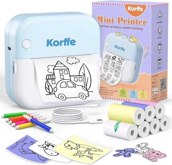 Korffe Mini Drucker für Smartphone with 7 Rollen Druckerpapier, Wireless Sticker Drucker Kompatibel mit Android & iOS, Tiny Printer Handy Drucker, Mini Belegdrucker für Lernnotizen, Notizen, Journal