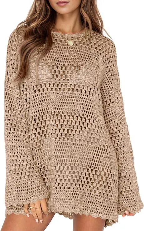 Saodimallsu Damen Gestrickte Strandkleid Sommer Strandponcho Strandurlaub Badeanzug Bikini Cover-Ups