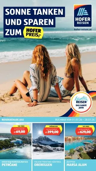 Hofer Katalog Reisen von 1. Juli bis 28. Juli 2026 - Flugblätt seite  1