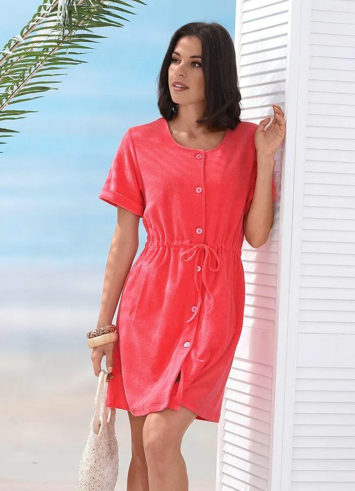 Frottier-Kleid mit durchgehender Knopfleiste