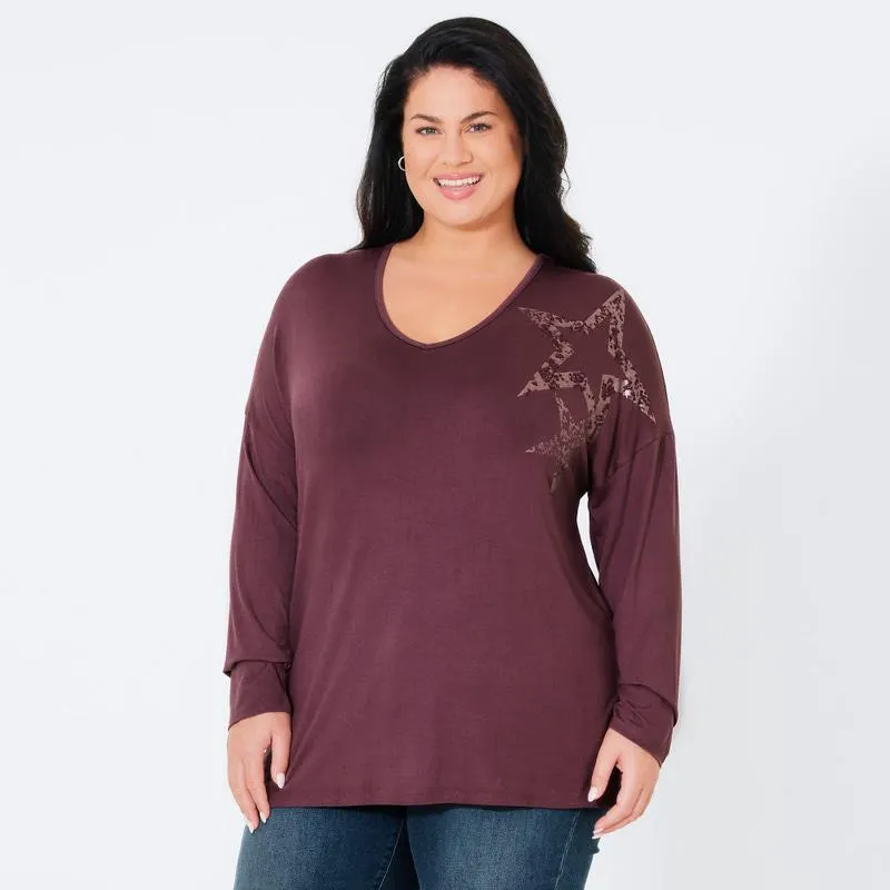 Damen-Langarmshirt mit V-Ausschnitt, große Größen