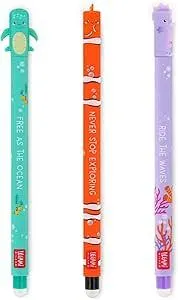 LEGAMI - 3er Set Gel-Radierstifte, Unter dem Meer, Stifte mit radierbarer Tinte, Türkis, Schwarz, Lila, Radierbarer Stift Marine, Radierbar ohne Blatt zu verbrauchen, 0,7 mm Spitze