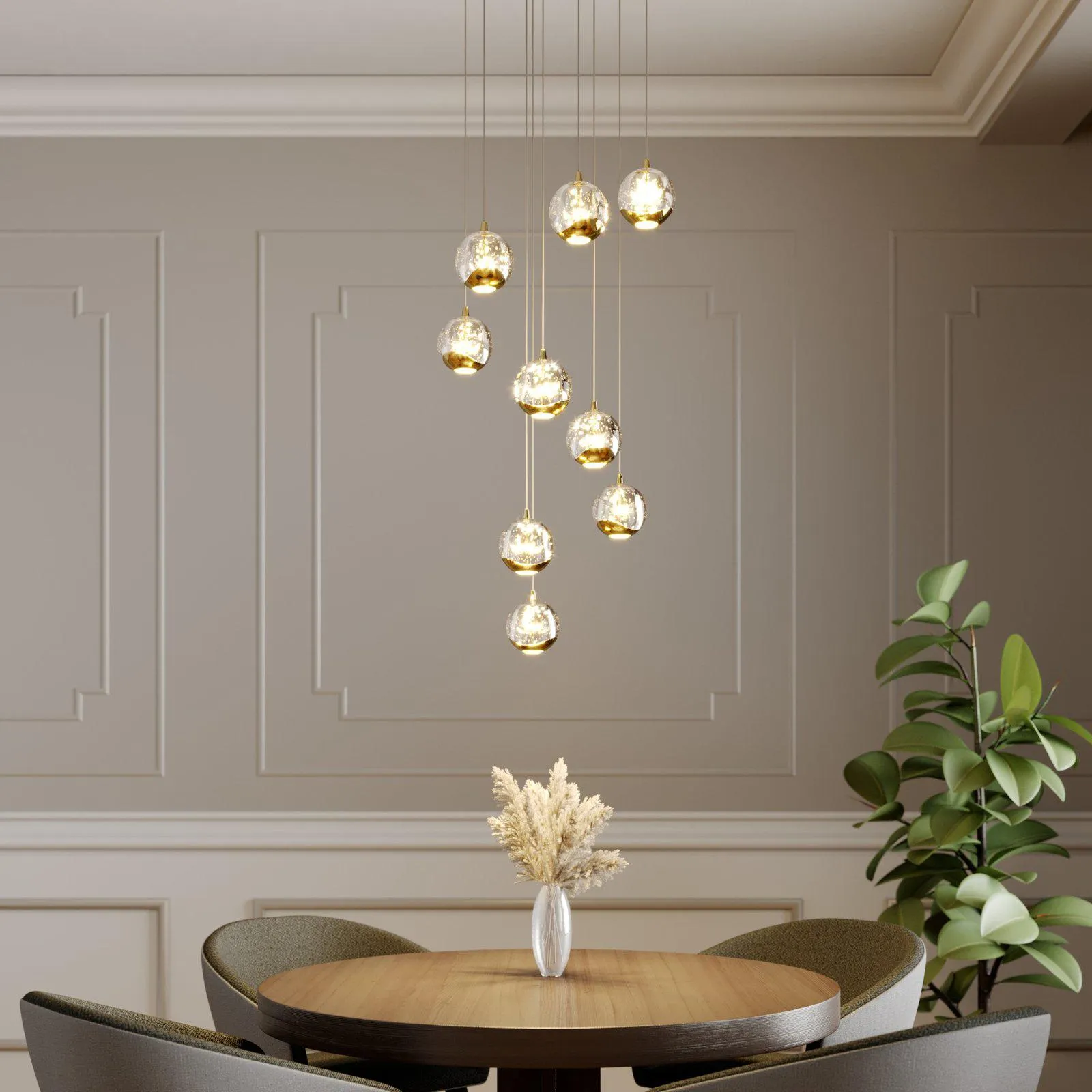 Lucande LED-Hängelampe Hayley, 9-flammig, goldfarben, Glas