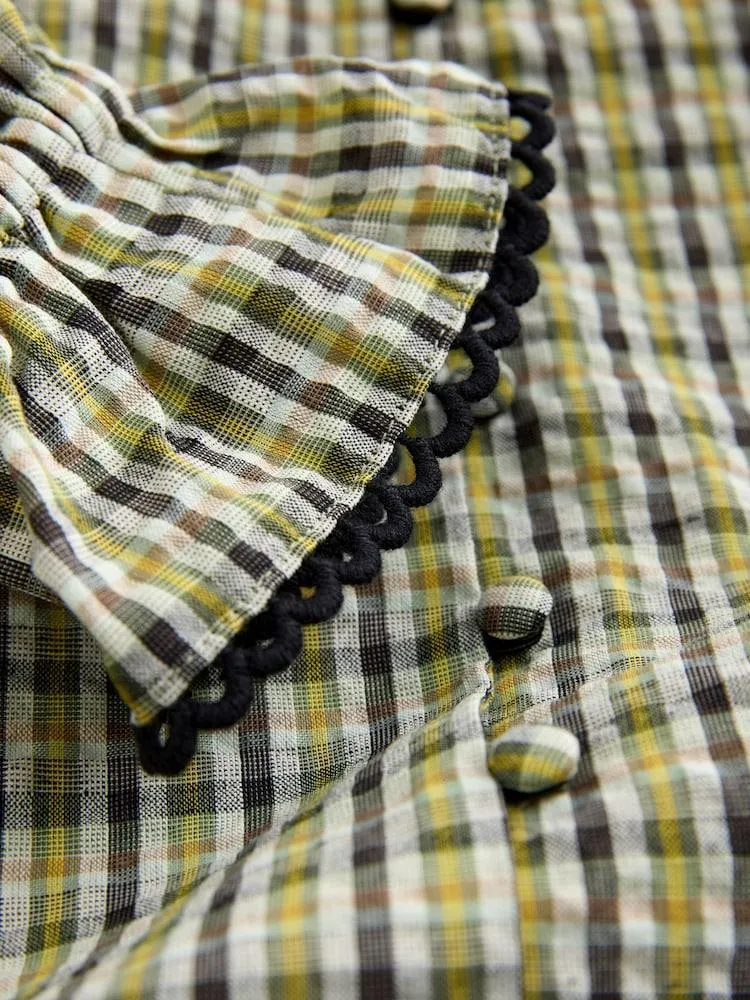 Grün/Schwarz kariert - Langarmbluse mit übergroßem Kragen