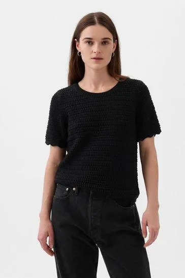 Gap Gehäkelter Kurzarm-Strickpullover mit Rundhalsausschnitt​​​​​​​