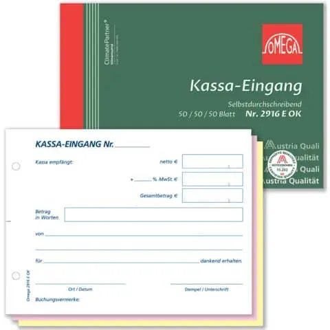 Kassa-Eingangsbuch A6 quer 3x50Blatt selbstdurchschreibend OMEGA 2916E OK LP
