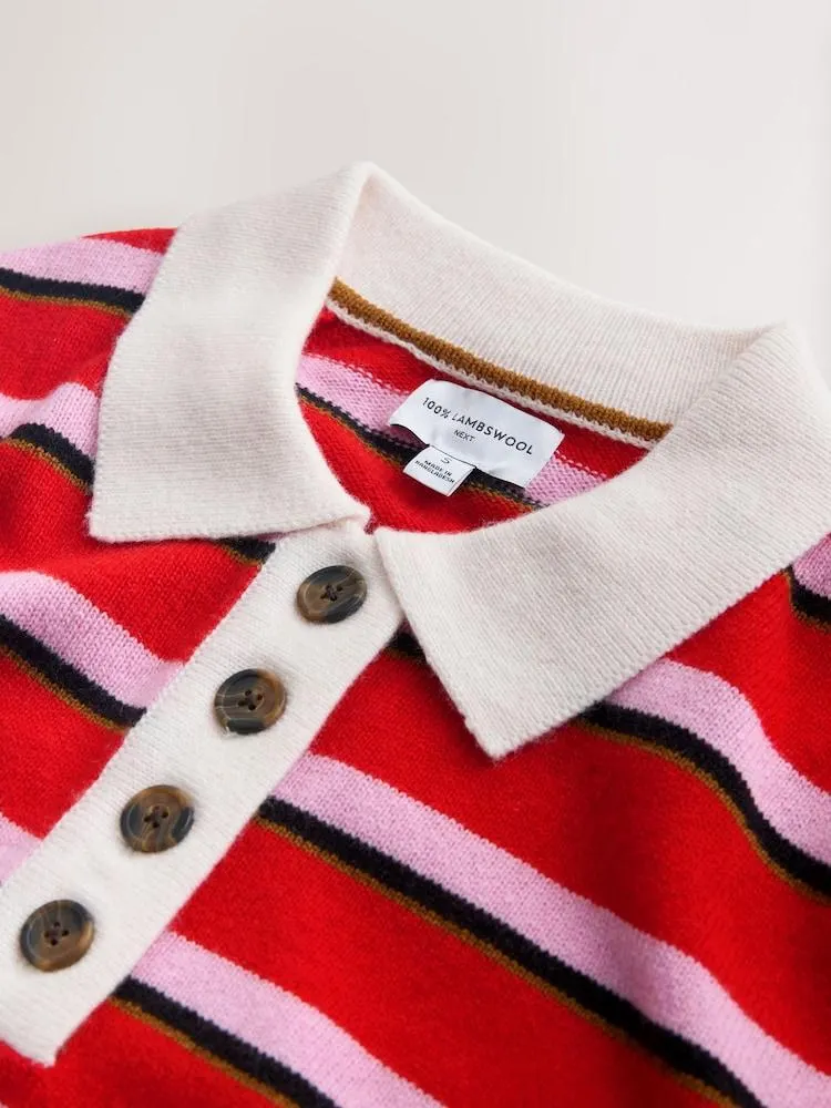 Rot/Pink gestreift - 100% Wool N.Premium Polo Jumper