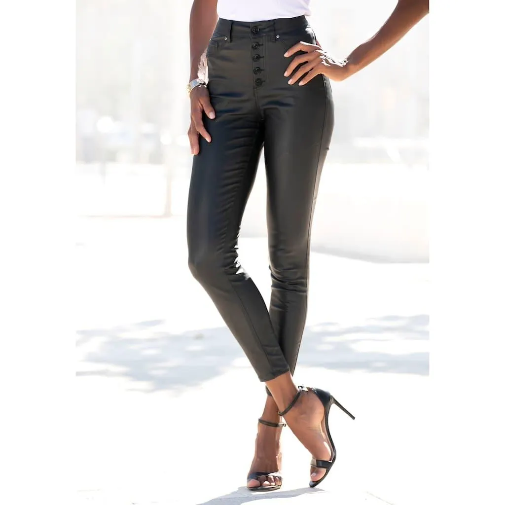 LASCANA Lederimitathose »in Slim-fit-Form und hohem Bund« mit sichtbarer Knopfleiste, enge Kunstlederhose, casual-chic
