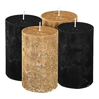 Rustikale Kerzen, schwarz-metallic/gold-metallic, 10 x 6 cm, 4 Stück