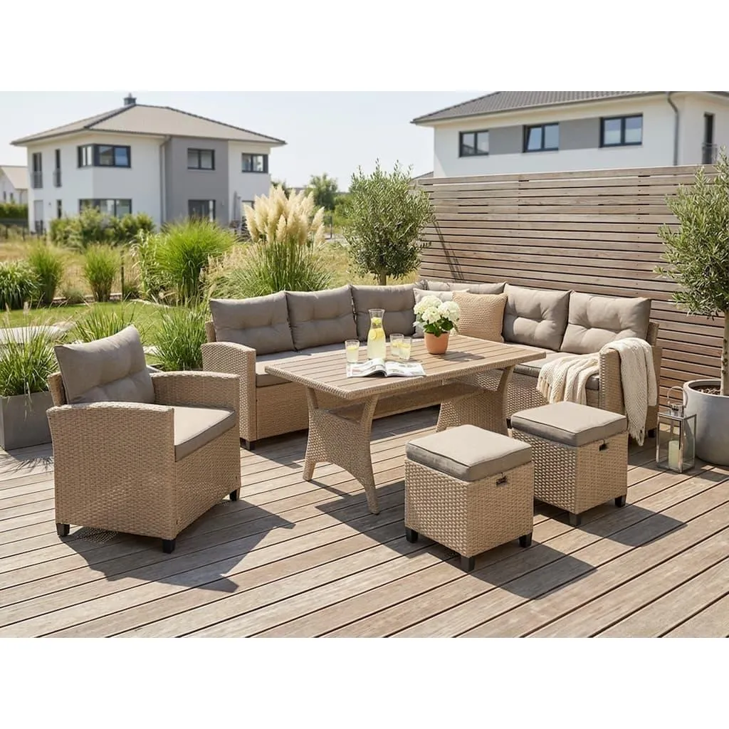 KONIFERA Gartenlounge-Set »Keros Premium« Set, 2x 2er Sofa, 1x Ecke, 1x Sessel, 2x Hocker, 1x Tisch 145x75x67,5cm, 20 Stk. tlg. Ecklounge, Polyrattan, Stahl, geeignet für 8 Personen, inkl. Auflagen
