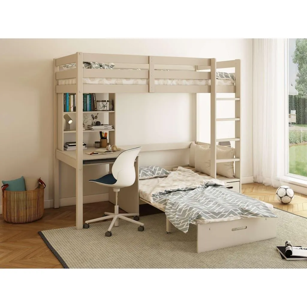 OTTO home Etagenbett »HENNE' TOPSELLER! Hochbett, Ideal für kleine Räume, 2 Schlafplätze« zweiter Schlafplatz ausziehbar, B/H/T ca. 208/180/105cm, mit Polsterauflagen, Schreibtisch, Stauraum, seitenverkehrt montierbar