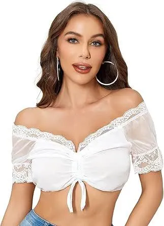 Funspread Dirndl Bluse Damen Spitze - Dirndlbluse Weiß Kurzarm Dirndlblusen für Oktoberfest