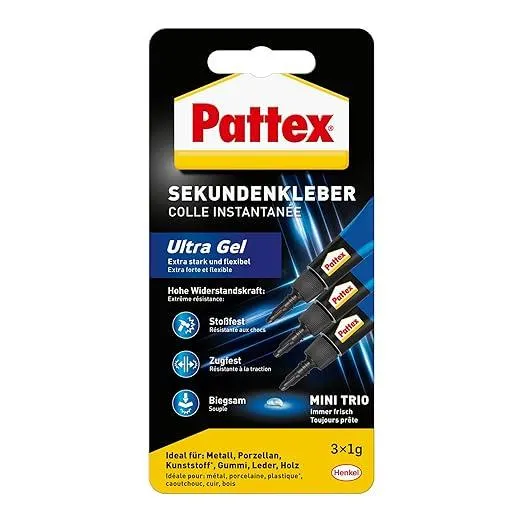 Pattex Sekundenkleber Ultra Gel Mini Trio, extra starker & flexibler Superkleber in 3 Tuben, Sekundenkleber Gel für z. B. Gummi, Leder, Holz, 3x 1 g Tube, 9H PSMG3