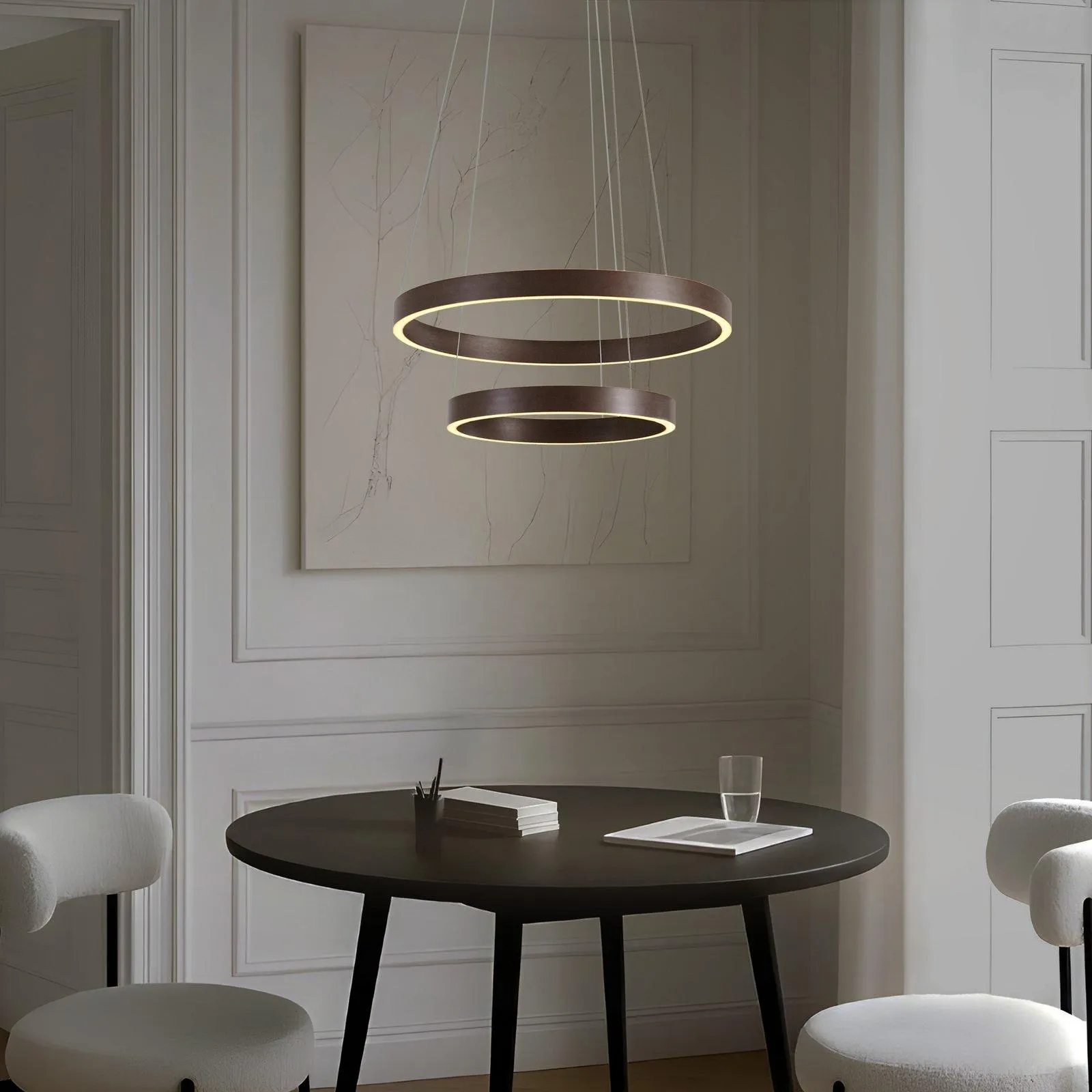 Lucande LED-Hängeleuchte Yonam, Ø 60 cm, 2-flg., braun, CCT