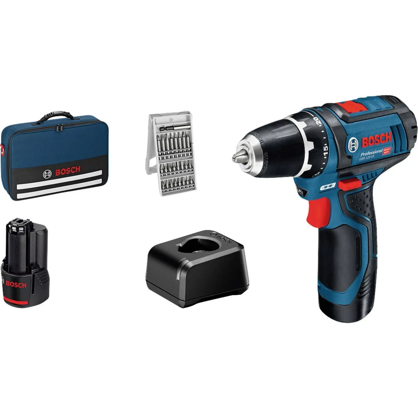 Bosch Professional Akku-Bohrschrauber GSR 12V-15 Set 2x2,0Ah, GAL12V-20, Zubehör 25tlg,Tasche 060186810H Akku-Bohrmaschi