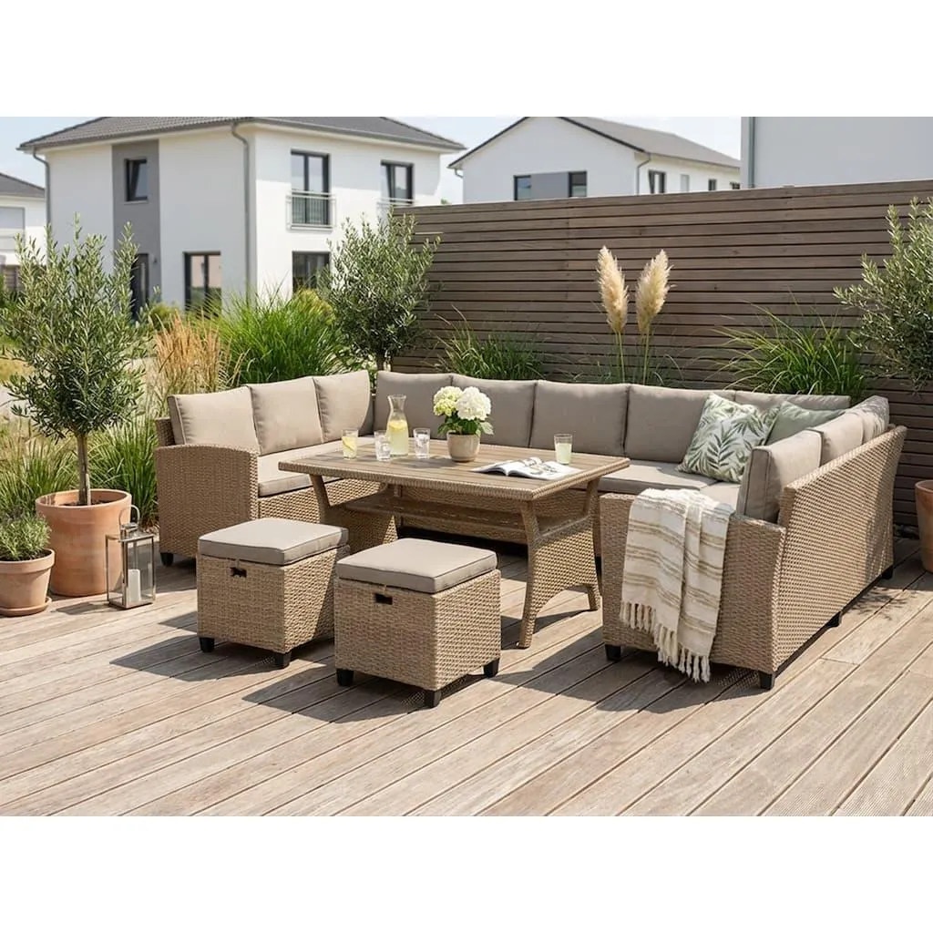KONIFERA Gartenlounge-Set »Rotterdam« Set, 3x 3er Sofa, 2x Hocker, 1x Tisch 120x82x67cm, inkl. Auflagen, 20 Stk. tlg. Polyrattan, Stahl, Tischplatte aus Nonwood,