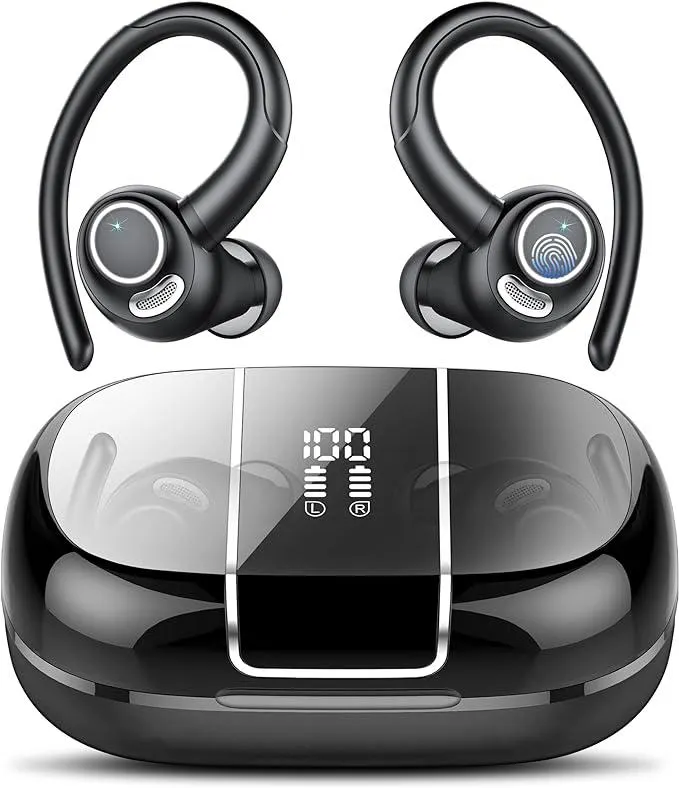 Csasan Bluetooth Kopfhörer Sport, Kopfhörer Kabellos Bluetooth 5.3 mit Ohrhaken, 48Std 3D Stereo In Ear Kopfhörer mit ENC Mic, Dual LED-Anzeige, Touch Control, IP7 Wasserdicht Ohrhörer(2024)