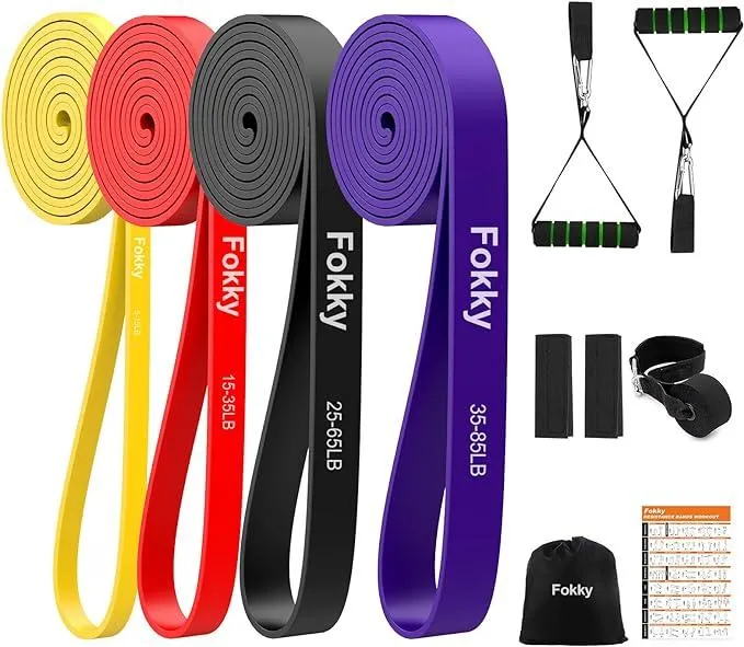Fokky Fitnessbänder mit 4 Widerstandsstufen, Resistance Bands Set mit Türanker, Griffen, Schutzhülle, Tragetasche und Trainingsanleitung, Widerstandsbänder für Fitness/Stretching/Yoga/Krafttraining