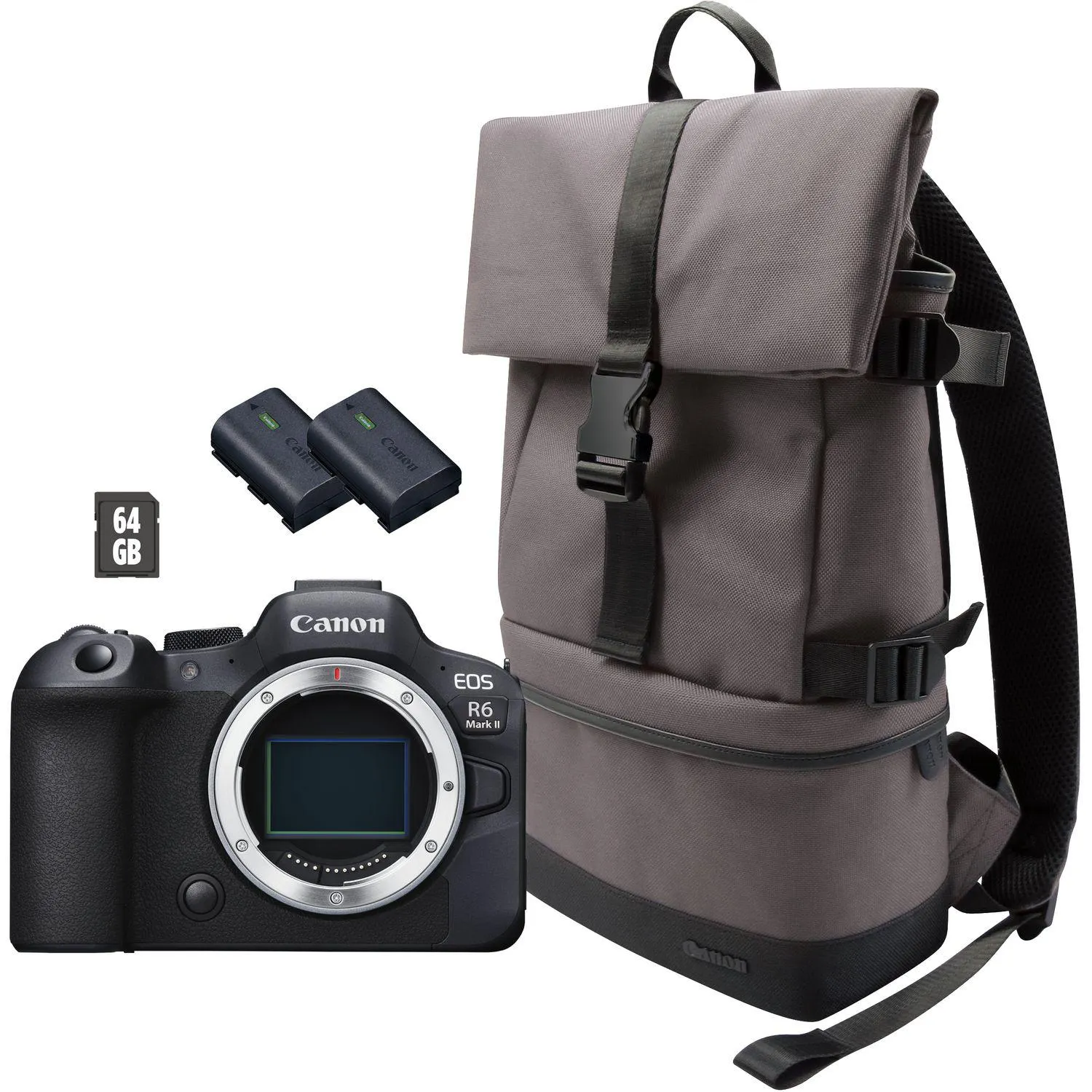 Canon EOS R6 Mark II spiegellose Kamera, Schwarz + Rucksack + SD-Karte+ Ersatzakku