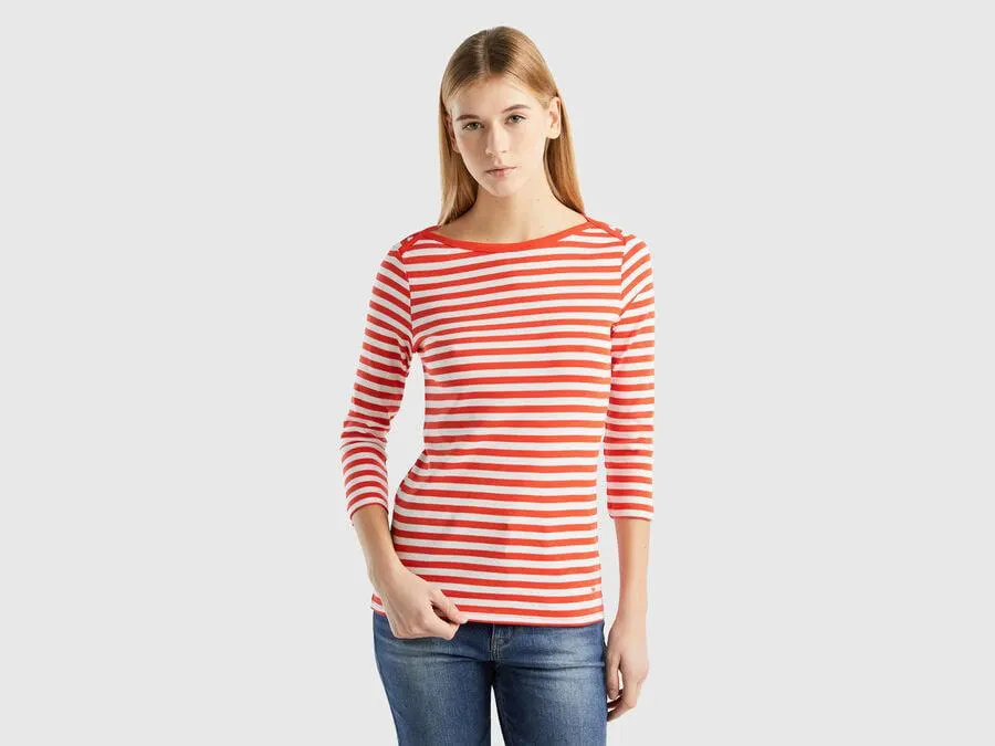 Gestreiftes T-Shirt in 100% Baumwolle mit 3/4-Ärmeln