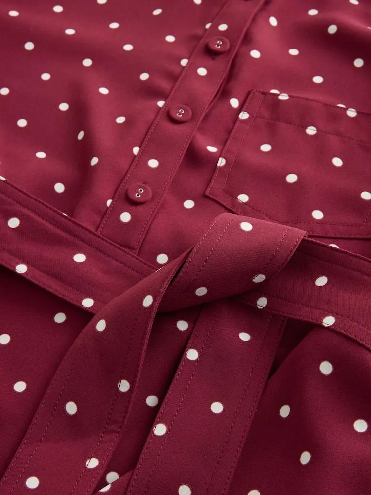 Burgunderrot/Gepunktet - Mini Long Sleeve Tie Waist Shirt Dress