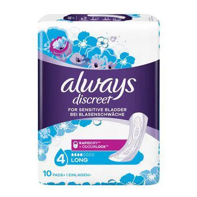 Die Slipeinlagen Discreet Long von Always sind extra lang und für Personen mit Blasenschwäche geeignet.