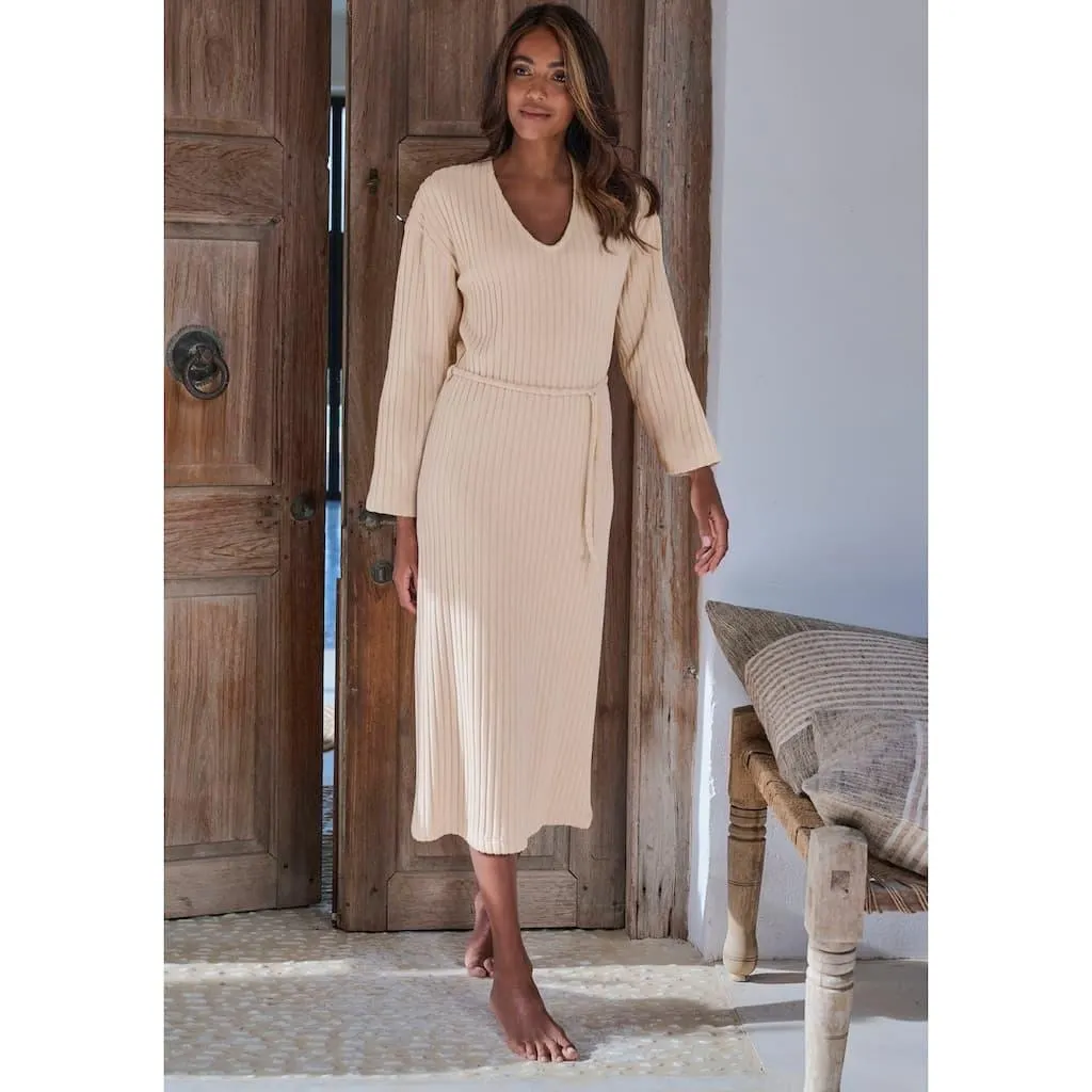 LASCANA Strickkleid Lounge-/ Rippkleid mit weiten Ärmeln und Taillenband, Loungewear