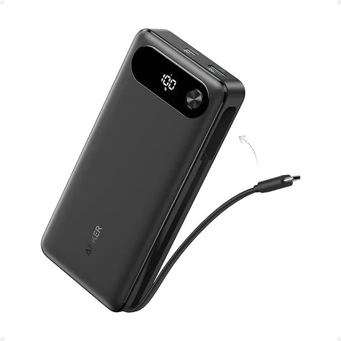 Anker Powerbank, 20.000mAh tragbares Ladegerät mit integriertem USB-C-Kabel, 87W Max Schnelllade-Akku, 2 USB-C und 1 USB-A, für MacBook, iPhone 15/14 Serie, Samsung, Switch, und mehr