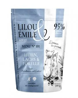 Lilou & Émile mit Lachs, Forelle und Huhn für Katzen 300 g
