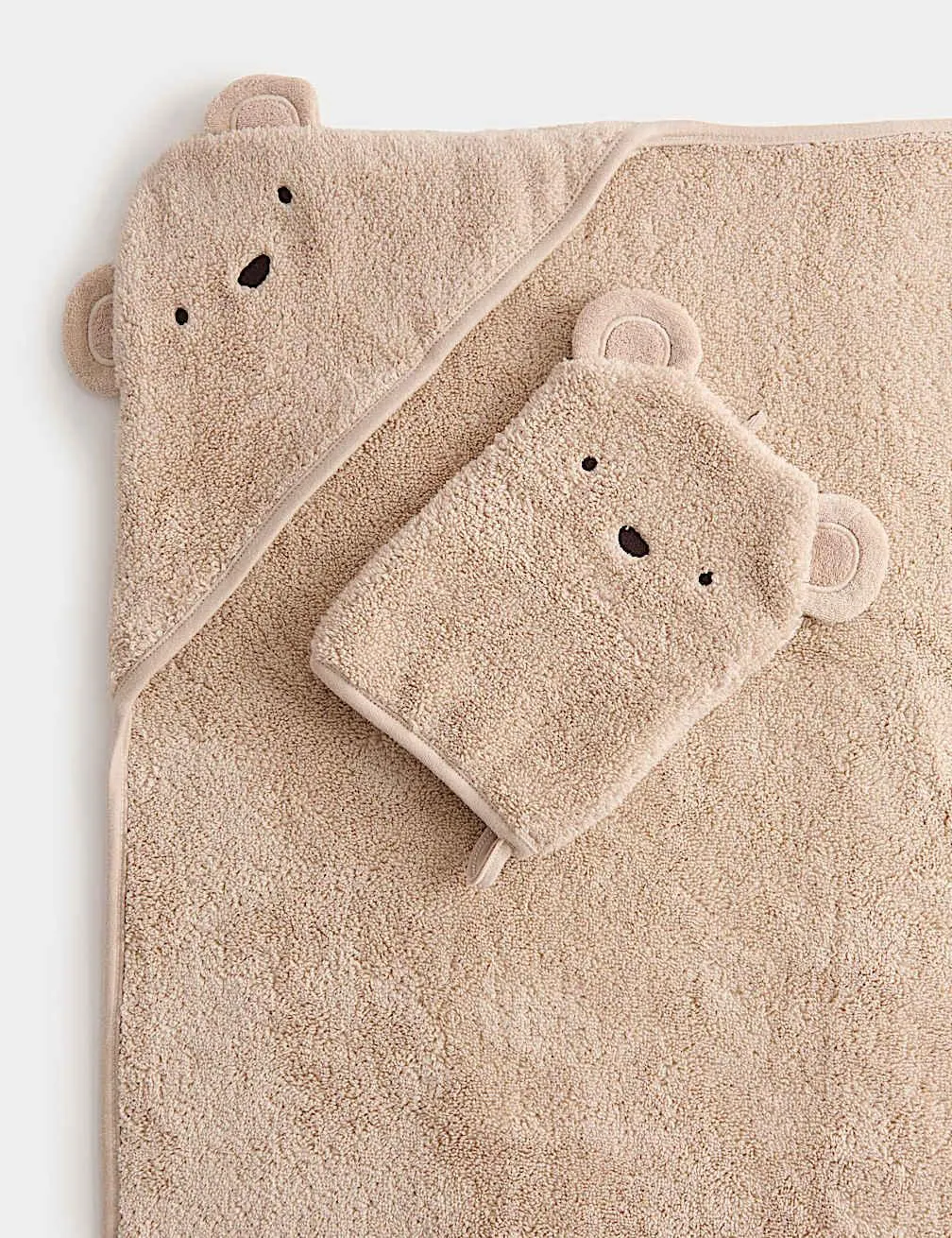 2-tlg. Set Kapuzentuch und Waschhandschuh aus reiner Baumwolle mit Bär