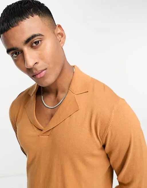 ASOS DESIGN knitted cotton revere polo jumper in tan