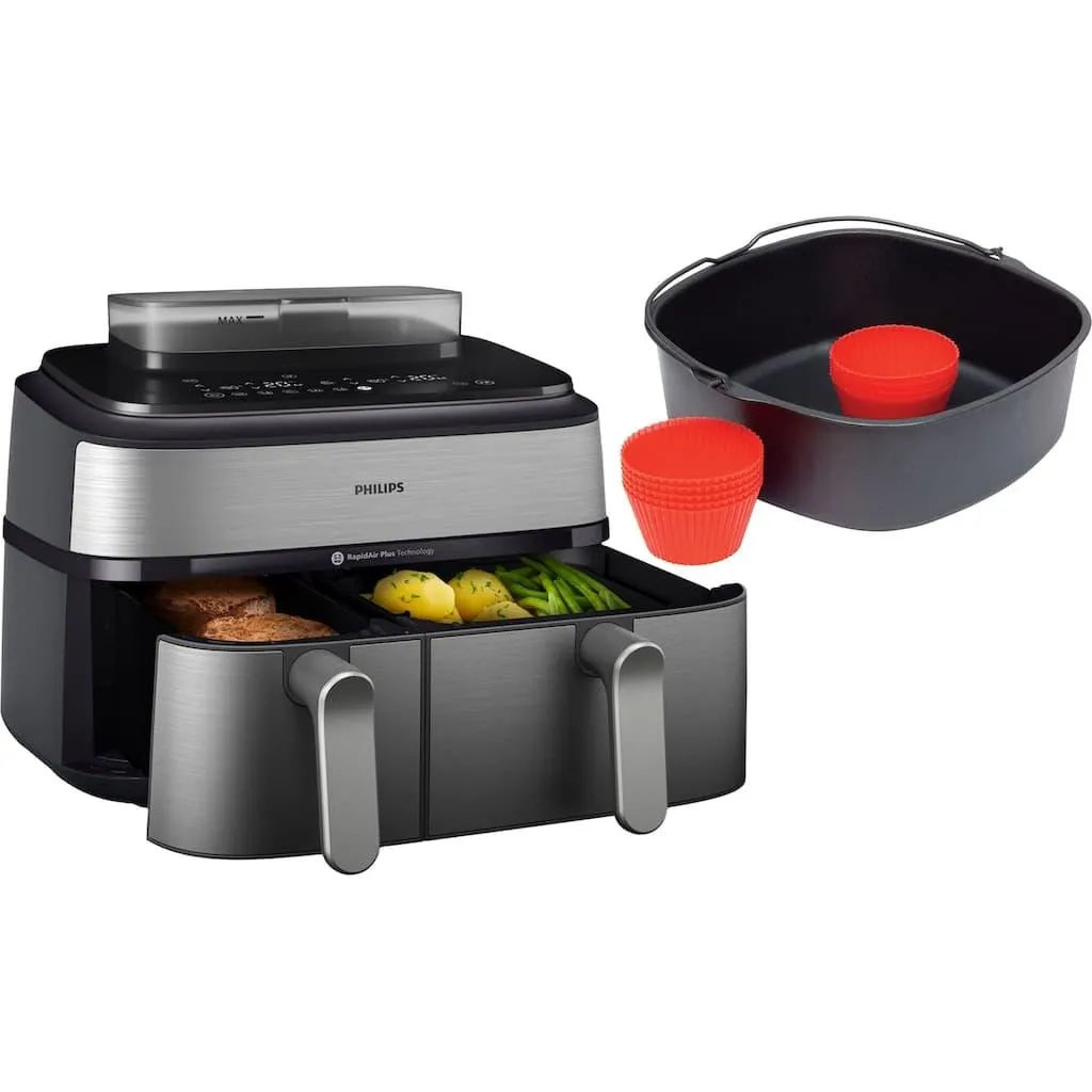 Philips Heißluftfritteuse »NA555/00 Steam Airfryer 5000 Series Dual Basket, 9L Kapazität (3L+6L)« 2750 W mit Dampfgar-Funktion; Silber/Edelstahl