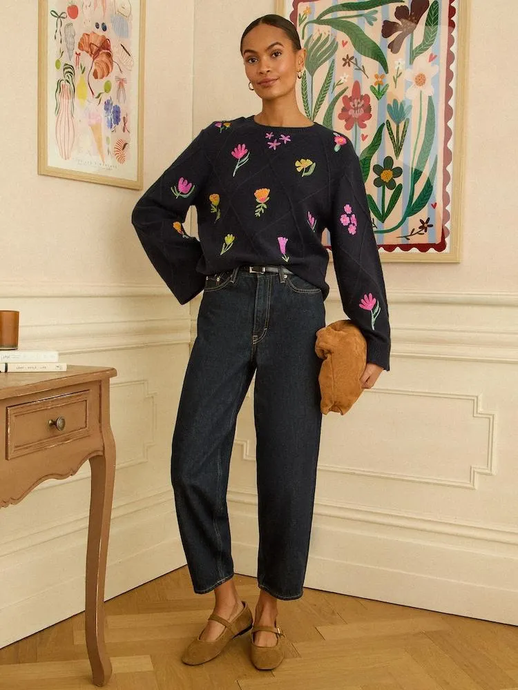 Marineblau - Love & Roses Embroidered Detail Knitted Jumper