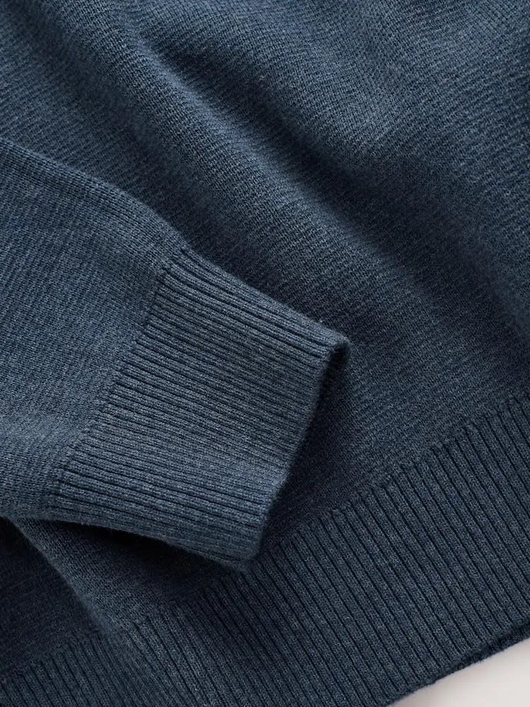 Mittelblau - Einfarbig - Hochwertiger Pullover mit Viertelreißverschluss aus 100 % Baumwolle