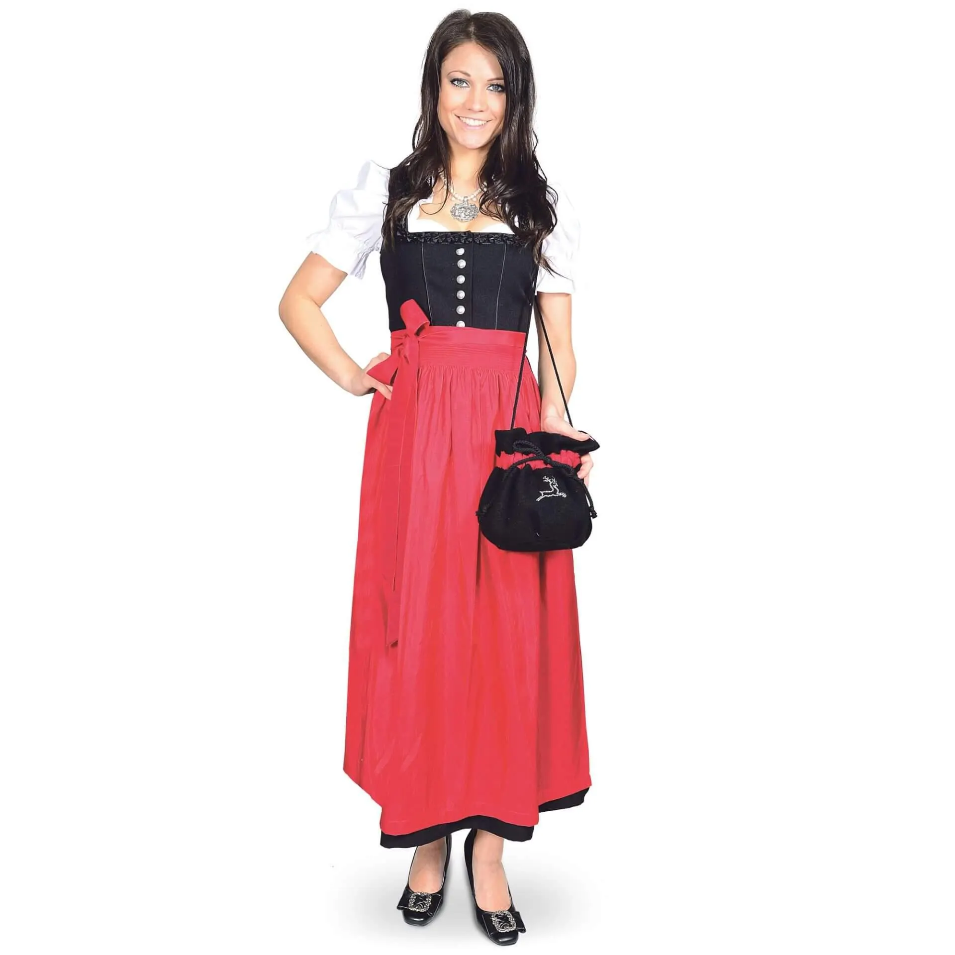 Damen Gastro-Dirndl, Schwarz mit roter Schürze
