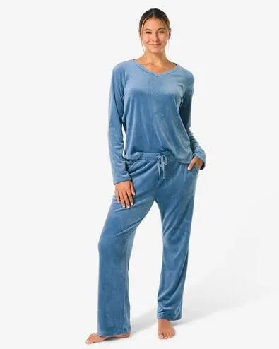dames loungebroek velours middenblauw