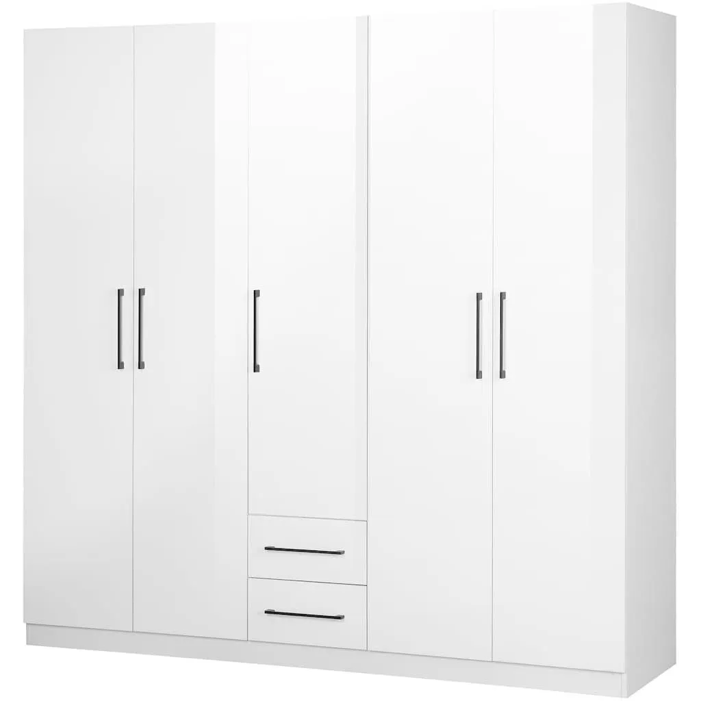 OTTO home Kleiderschrank »Sylt Schlafzimmerschrank Garderobe Schrank TOPSELLER in hochglanz weiß« 5 Türen, 2 Schubladen, schwarze moderne Griffe, 7 Einlegeböden, Drehtürenschrank mit perfekter Innenausstattung, Breite 200cm
