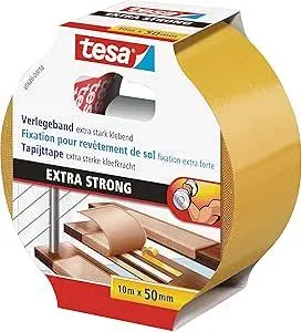Tesa Verlegeband Extra Stark Klebend - Doppelseitiges Klebeband Zum Verlegen Von Teppich Und PVC-Belag - Doppelseitig Klebend - 10 M X 50 Mm
