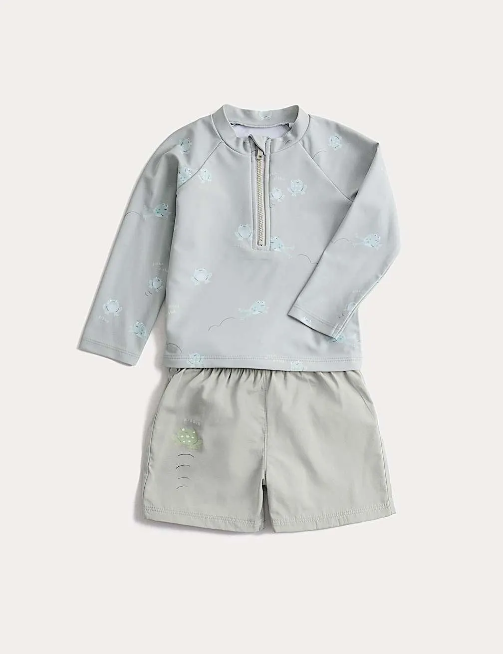 2-tlg. Set bestehend aus Frosch-Badeshirt und -Schwimmshorts (0–3 J.)