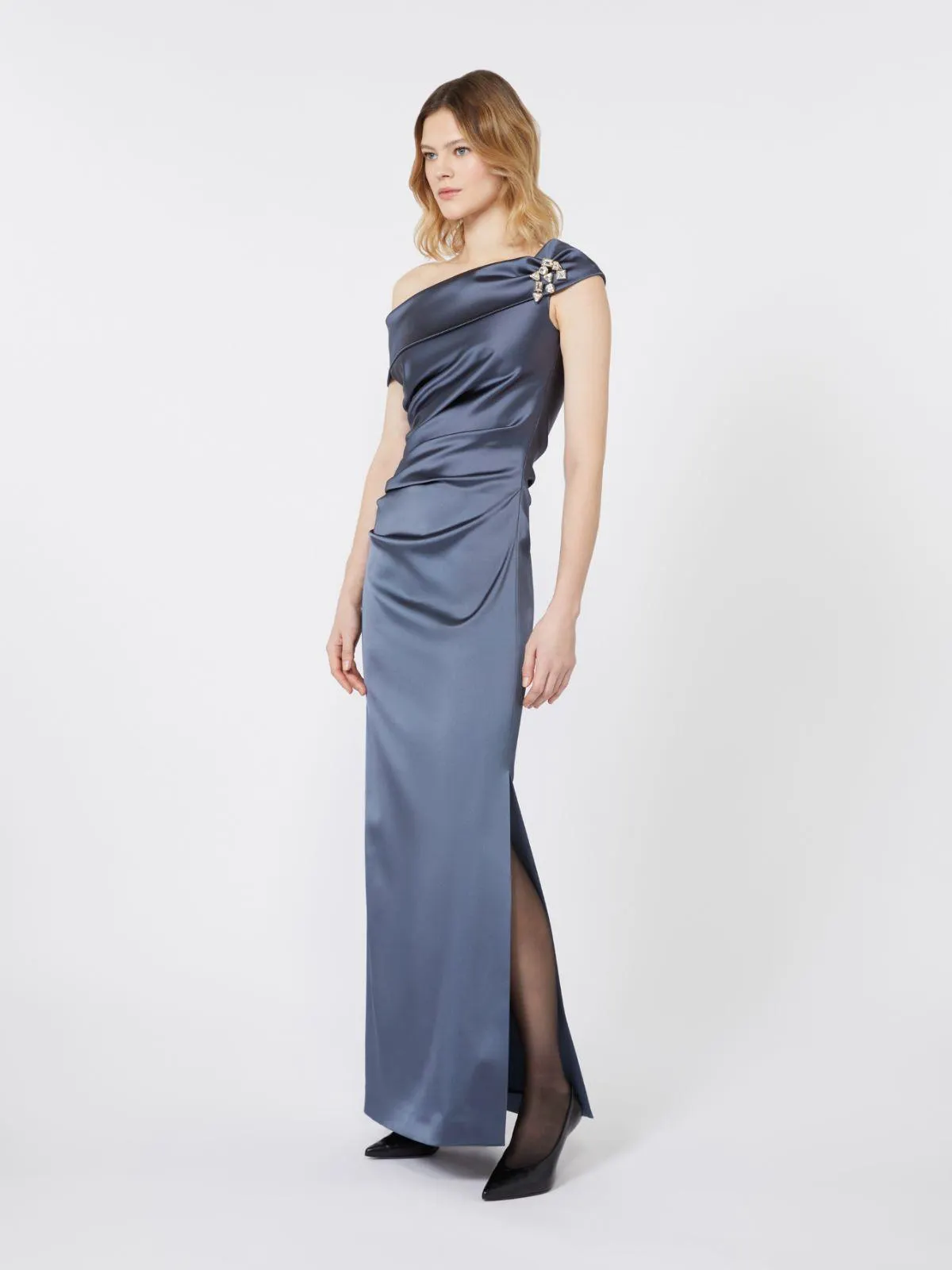 Langes Kleid aus Stretch-Satin - Dunkelgrau