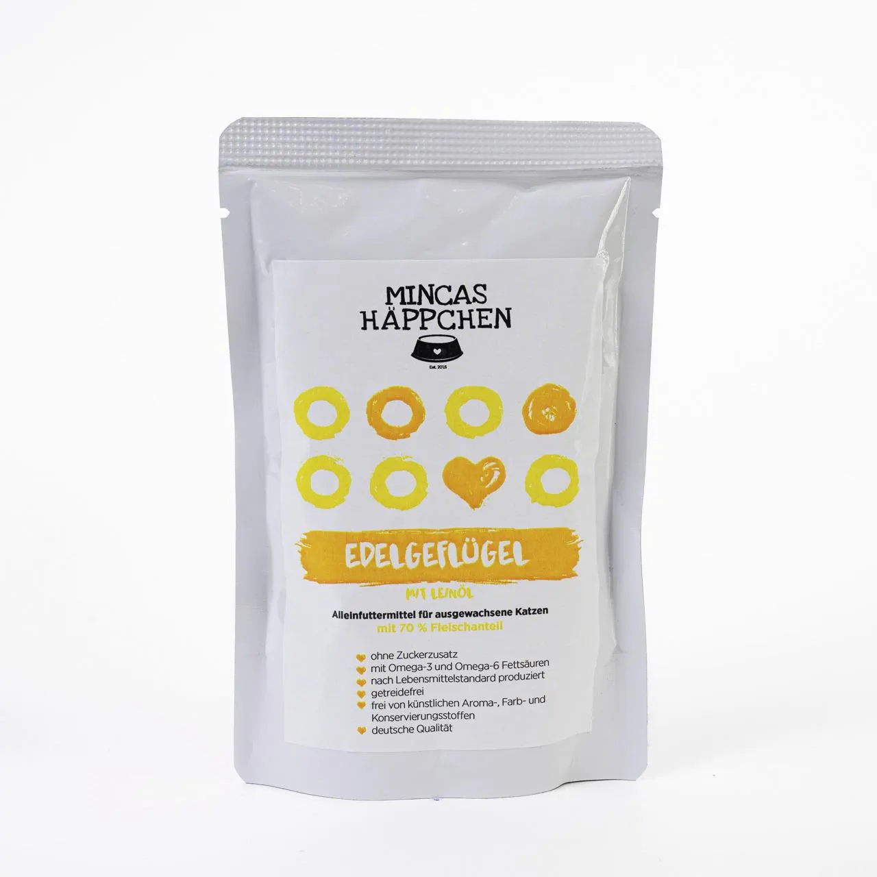 Sparpaket 12 x 95 g Mincas Häppchen Edelgeflügel & Leinöl Katzen Nassfutter