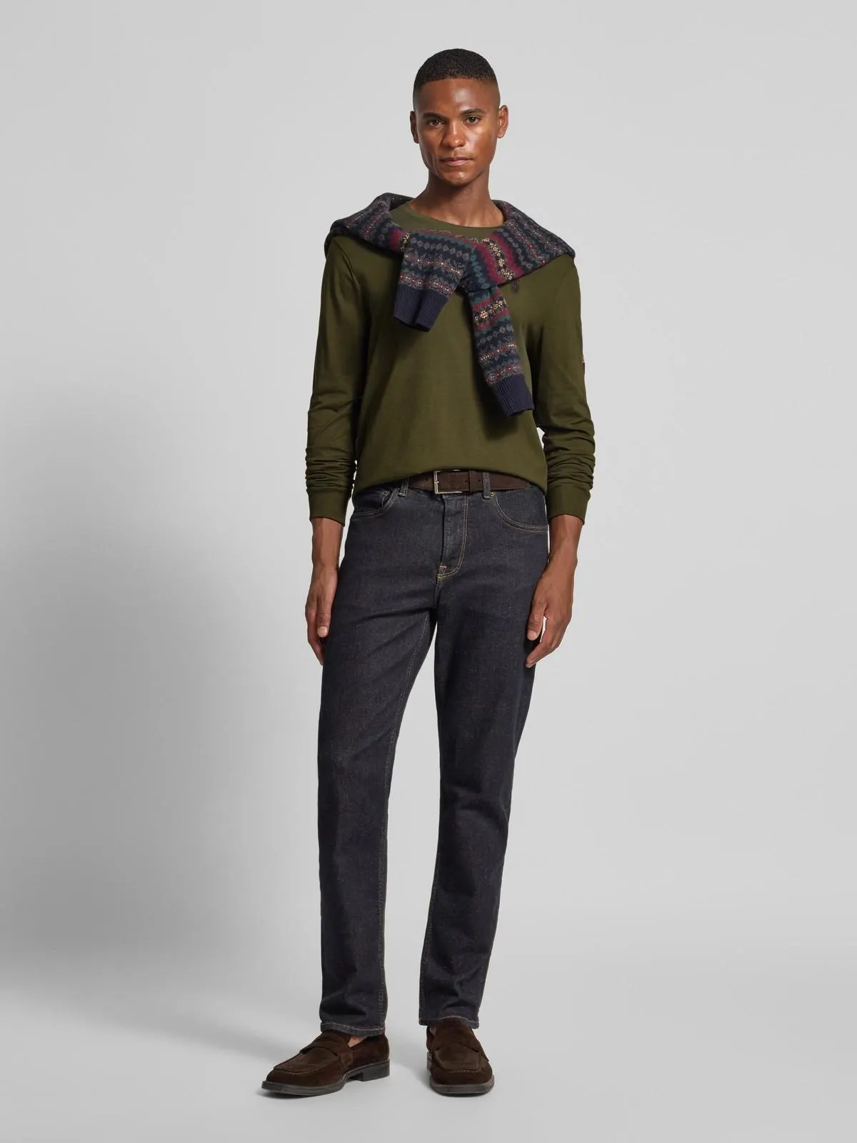 Regular Fit Longsleeve mit Logo-Stitching Modell 'Jersey' in oliv