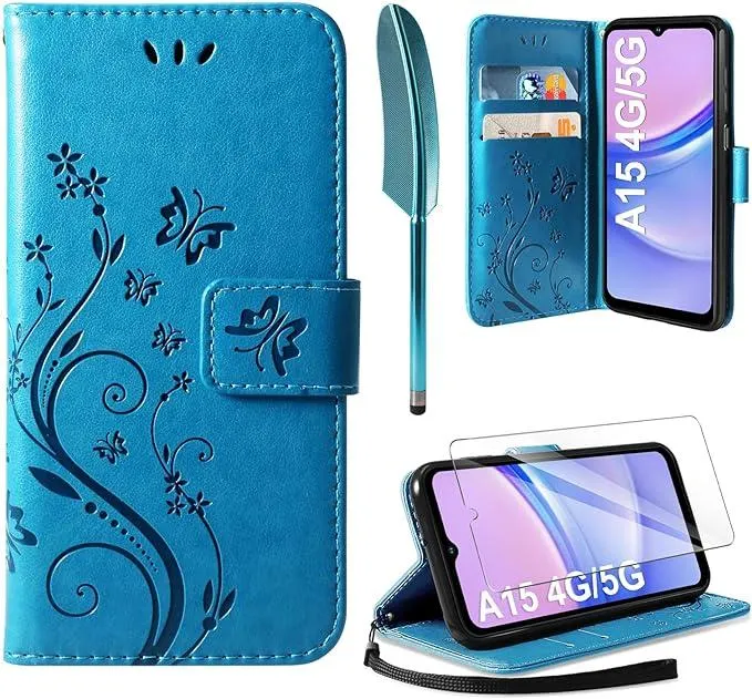 AROYI Lederhülle Kompatibel mit Samsung Galaxy A15 5G/4G Hülle und Schutzfolie, Flip Wallet Handyhülle PU Leder Tasche Case Kartensteckplätzen Schutzhülle Kompatibel mit Samsung Galaxy A15 5G/4G