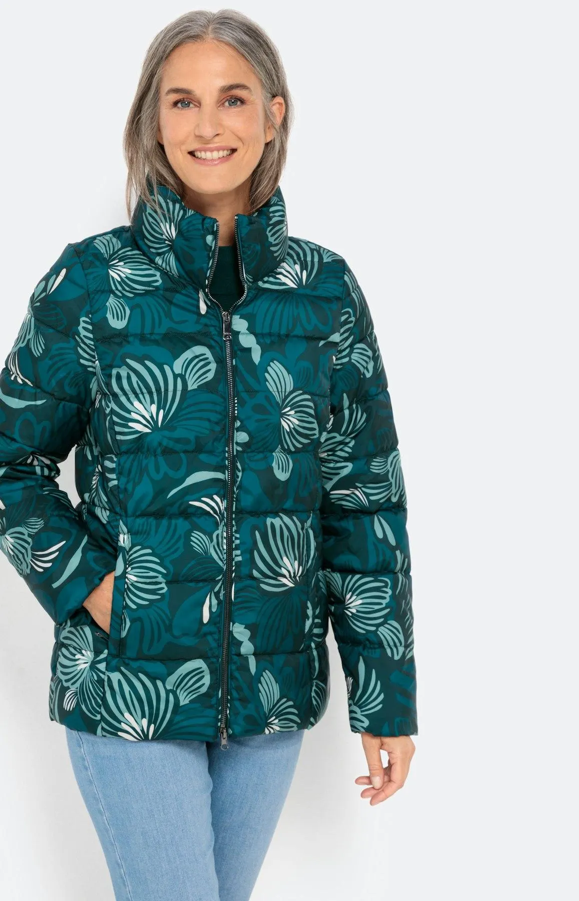 Steppjacke mit Blumenmotiv, dunkelgrün
