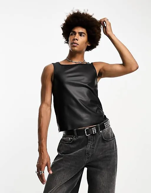 COLLUSION square neck cropped muscle singlet in black PU